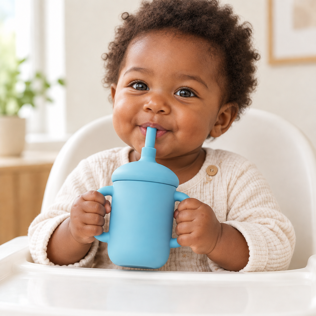 Baby met donkere huidskleur en de drinkbeker