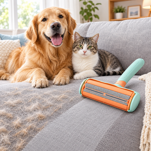 Dierenharenroller op bank met hond en kat