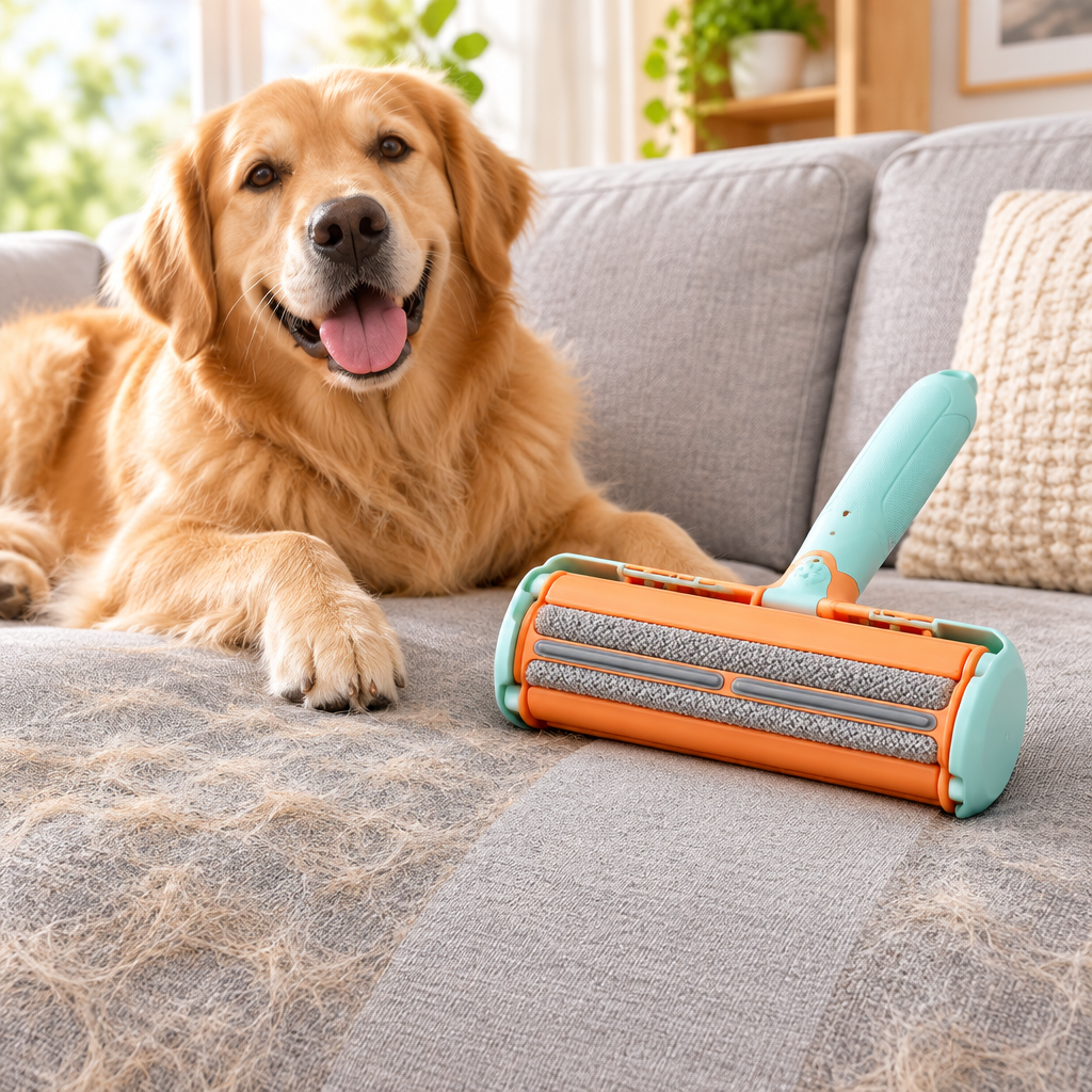 Dierenharenroller op bank met hond