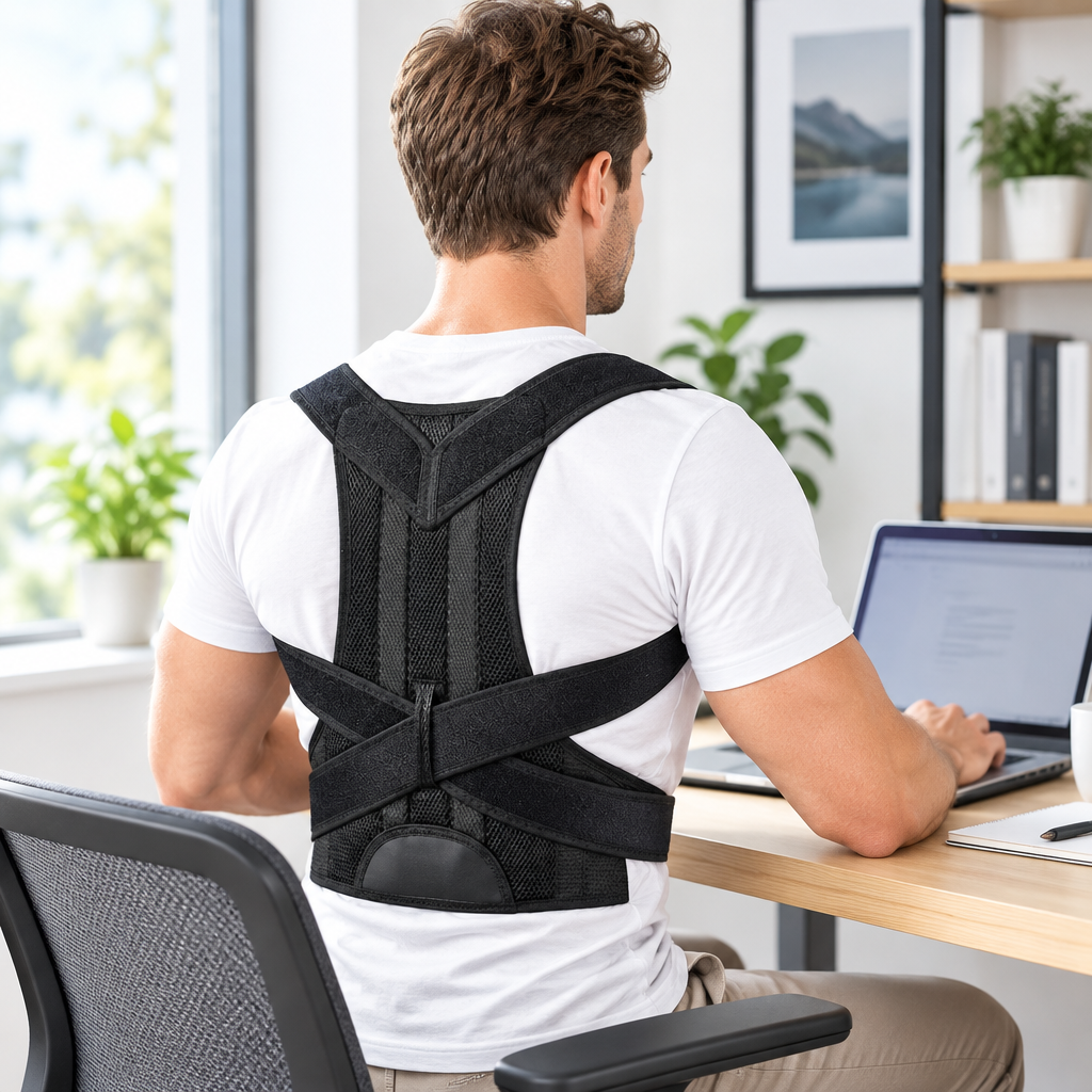 Persoon met houdingscorrector aan bureau